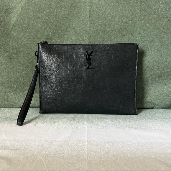 Saint Laurent Handbags - Saint Laurent Croc Embossed Leather Monogram Large Clutch Wristlet All Black